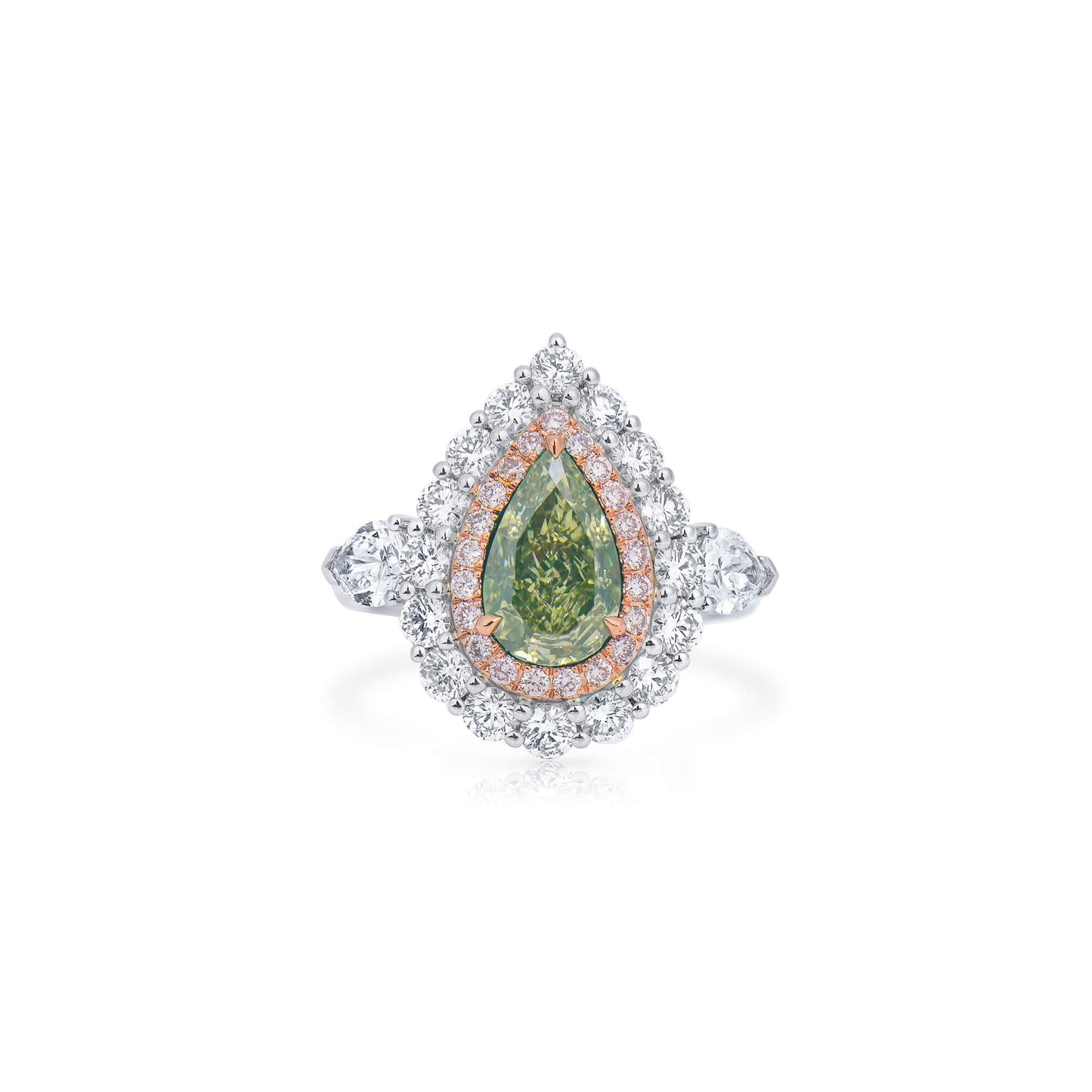 Natural Fancy Grayish Greenish Yellow Diamond Halo Ring, 18K White Gold, Pear Shape, 3.84 Ct. TW