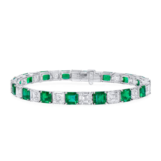 Natural Colombian Emerald And Diamond Bracelet, 18K White Gold, 22.66 Ct. TW