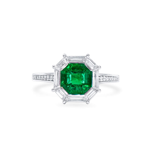 Natural Green Colombian Emerald & Diamond Halo Ring, 18K White Gold, Asscher Shape, 2.92 Ct. TW