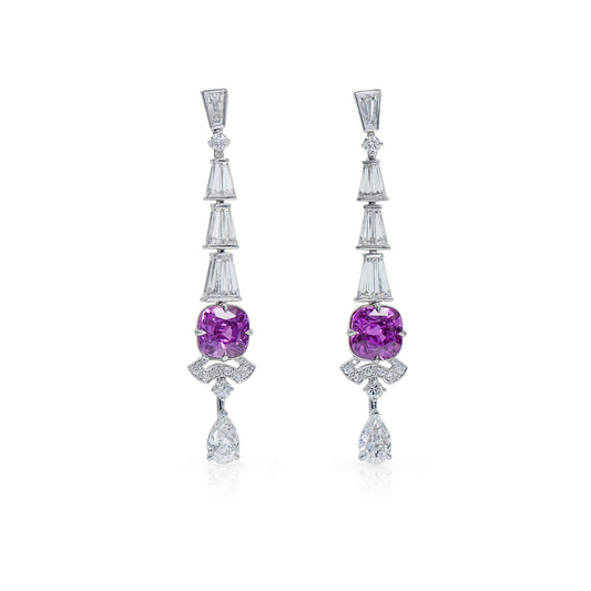 Natural Purplish-Pink Sapphire & Diamond Drop Earrings, 18K White Gold, Cushion Shape, 10.05 Ct. TW