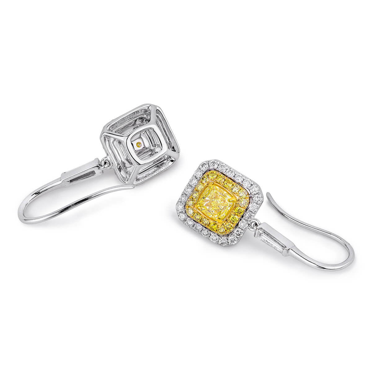 Natural Fancy Yellow & White Drop Earrings, 18K White Gold, Cushion Shape, 1.90 Ct. TW