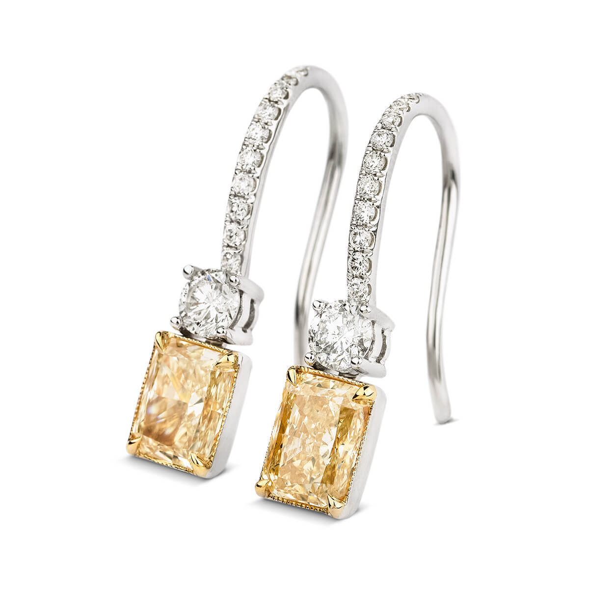 Natural Fancy Yellow & White Drop Earrings, 18K White Gold, Radiant Shape, 1.90 Ct. TW
