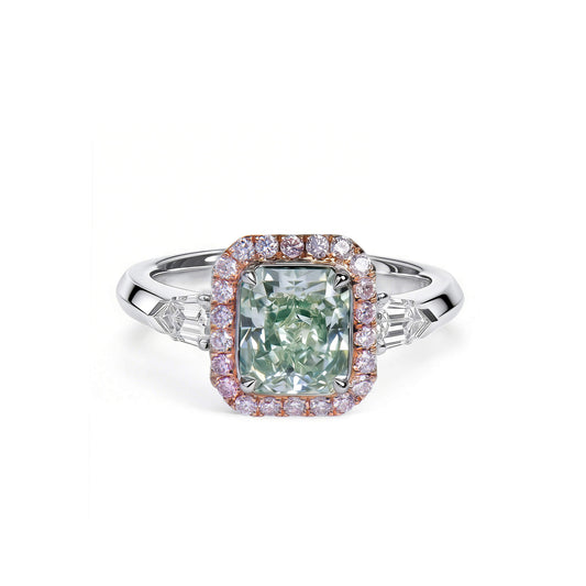 Natural 2.26 Ct. TW Grayish Yellowish Green Radiant-Cut Diamond Halo Ring, 18K White & Rose Gold