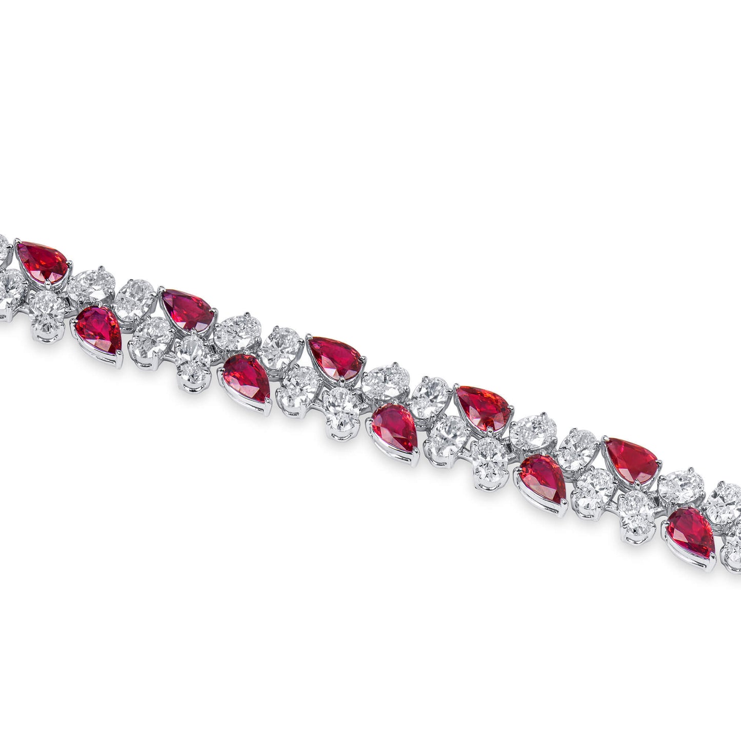 Natural Vivid Red Burmese Ruby and White Diamond Bracelet, 18K White Gold, Pear Shape, 19.57 Ct. TW, unheated