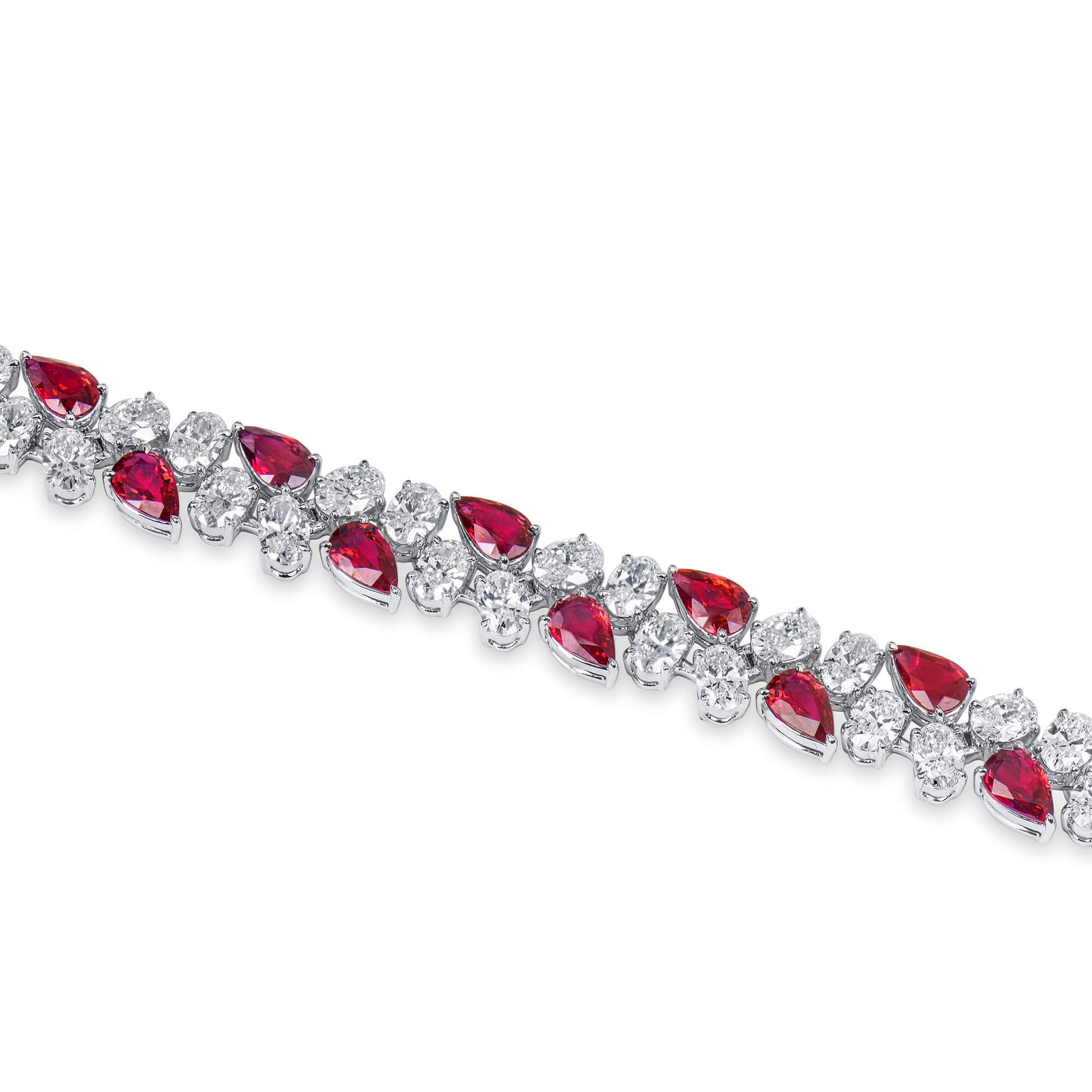 Natural Vivid Red Burmese Ruby and White Diamond Bracelet, 18K White Gold, Pear Shape, 19.57 Ct. TW, unheated