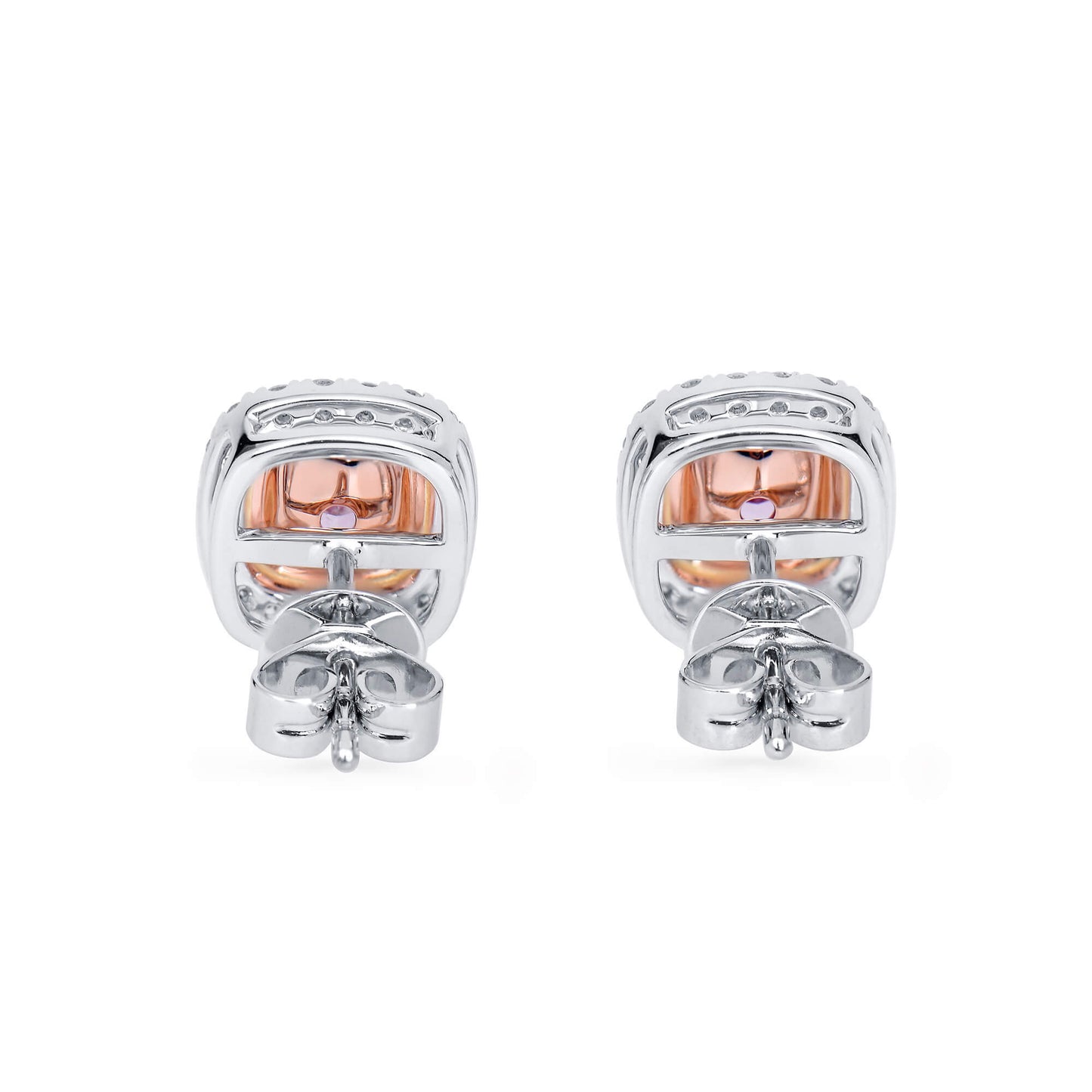 Natural Very Light Pink Diamond Stud Earrings, 18K White & Rose Gold, Cushion Shape, 0.99 Ct. TW