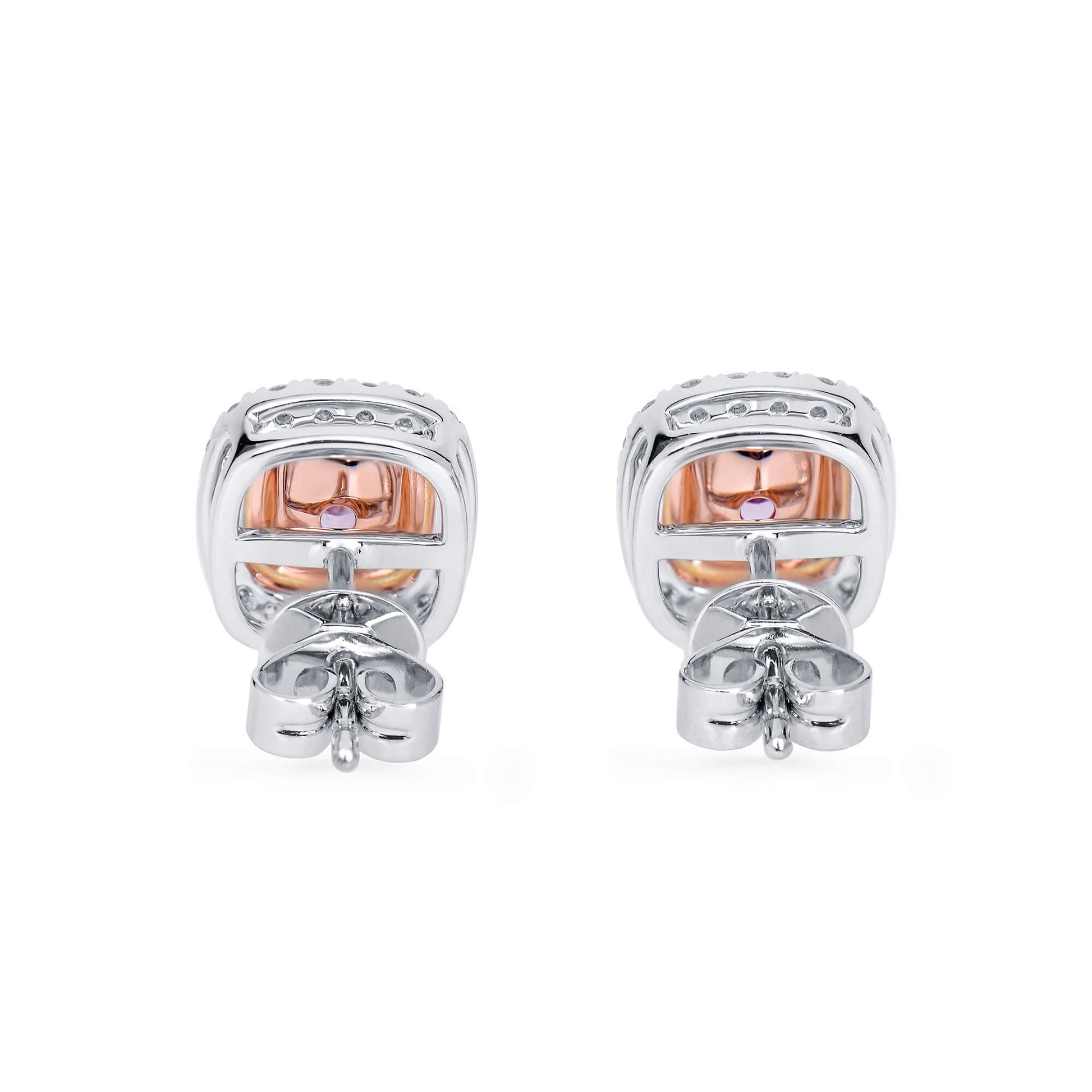 Natural Very Light Pink Diamond Stud Earrings, 18K White & Rose Gold, Cushion Shape, 0.99 Ct. TW