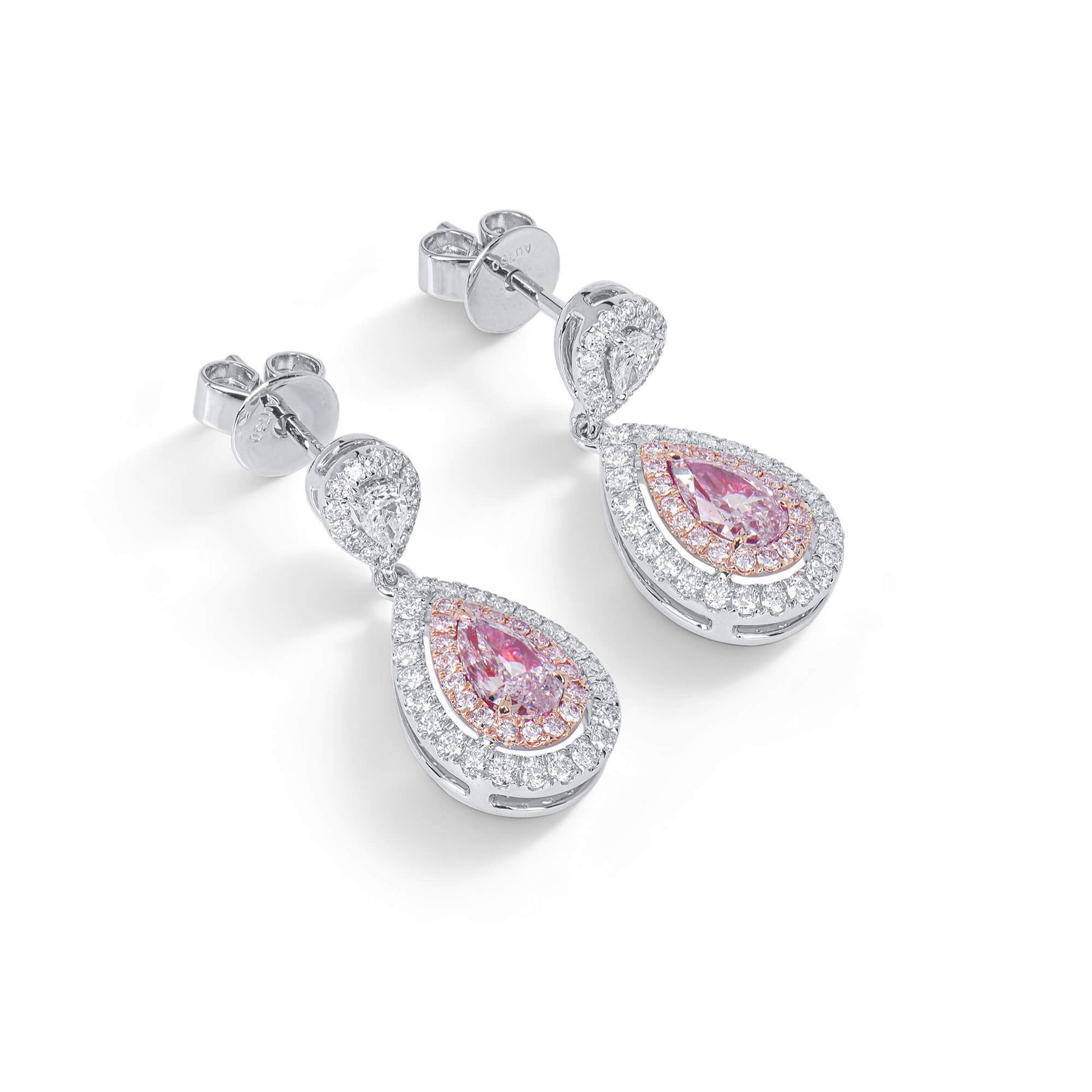 Natural Light Pink Diamond Drop Earrings, 18K White Yellow & Rose Gold, Pear Shape, 1.34 Ct. TW