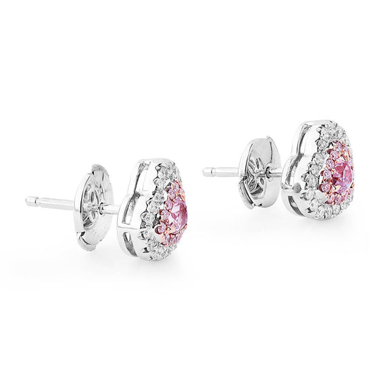 Natural Pink & White Diamond Stud Earrings, 18K White Gold, Heart Shape, 0.60 Ct. TW