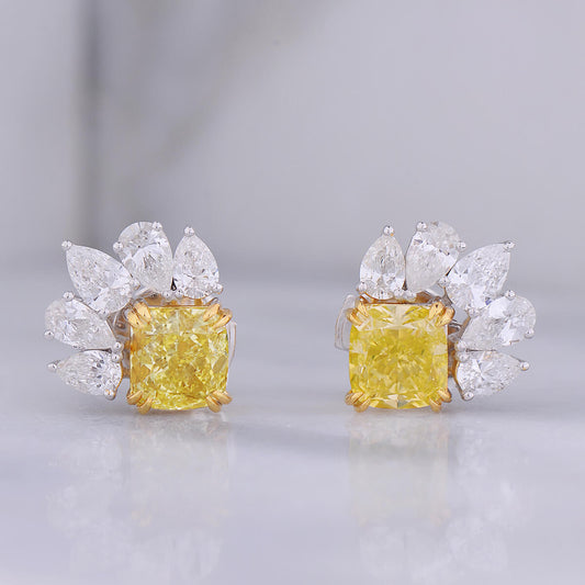 Natural Fancy Yellow & White Cluster Earrings, 18K White Gold, Cushion & Pear Shape, 2.80 Ct. TW