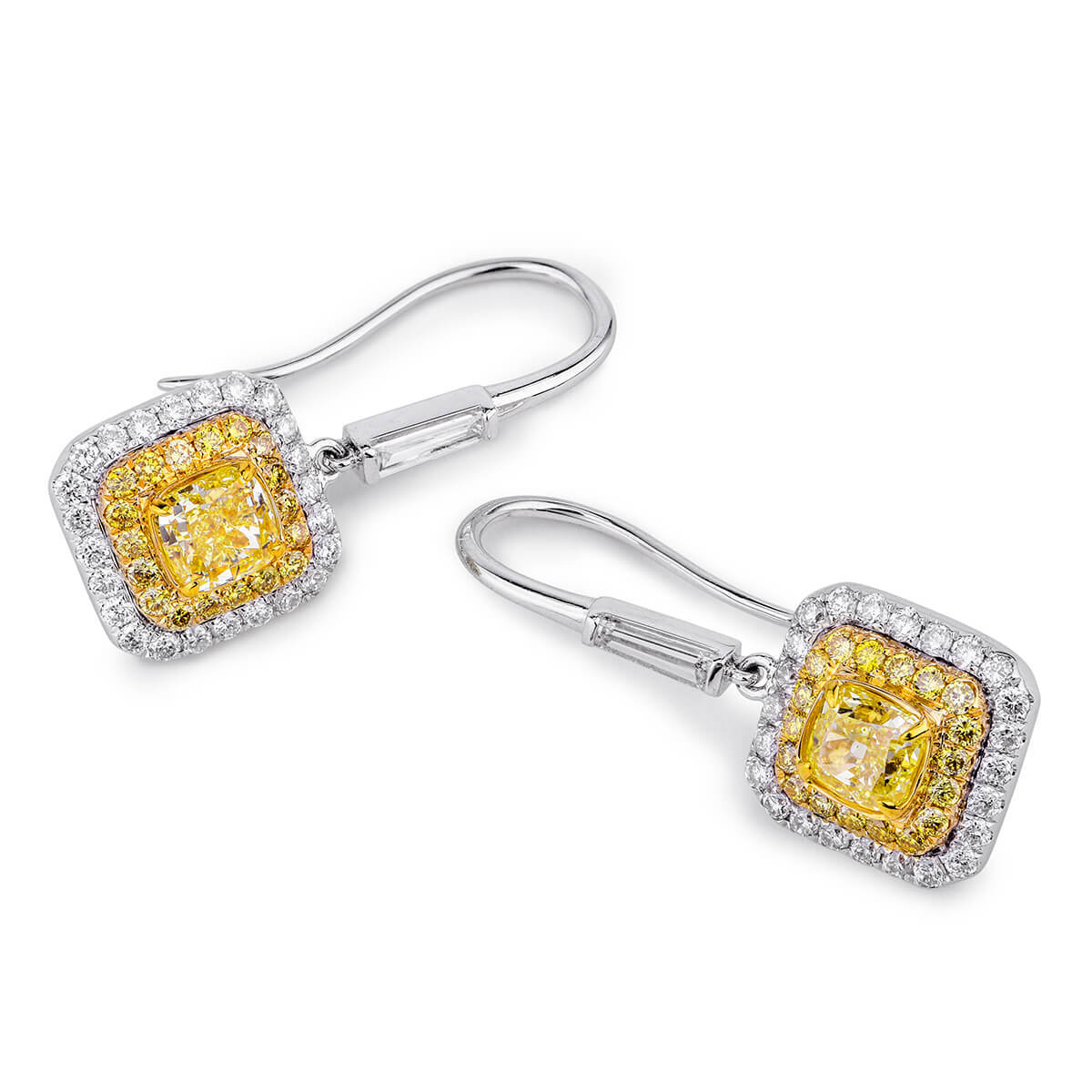 Natural Fancy Yellow & White Drop Earrings, 18K White Gold, Cushion Shape, 1.90 Ct. TW