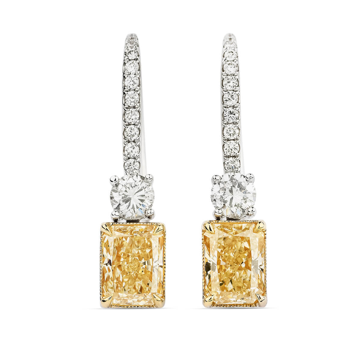 Natural Fancy Yellow & White Drop Earrings, 18K White Gold, Radiant Shape, 1.90 Ct. TW