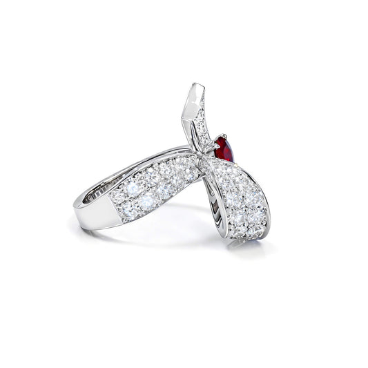 Natural 3.38 Ct. TW Unheated Burmese Vivid Red Ruby & Diamond Ribbon Ring, 18K White Gold
