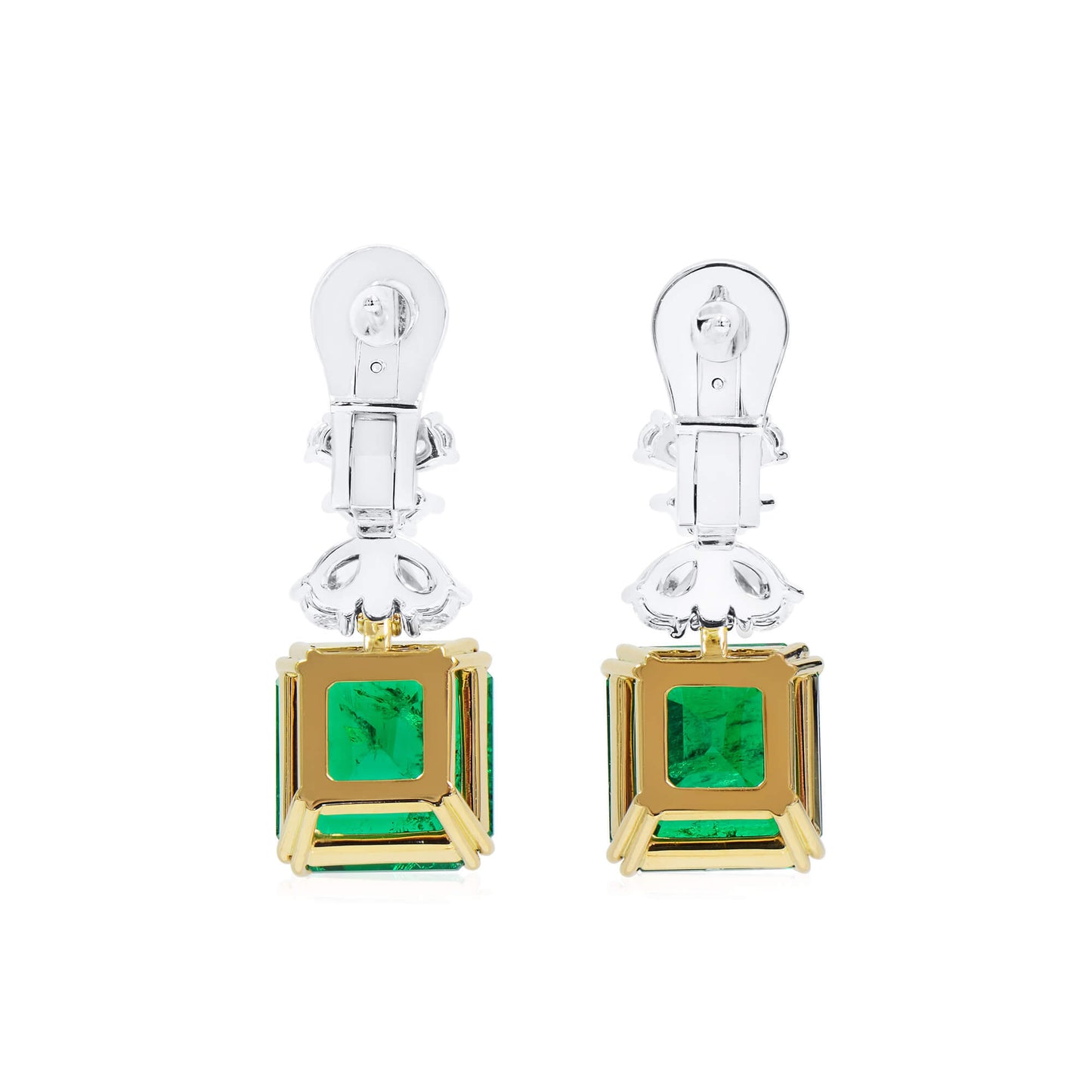 Natural Green Colombian Emerald Drop Earrings, 18K White & Yellow Gold, Emerald Shape, 15.34 Ct. TW