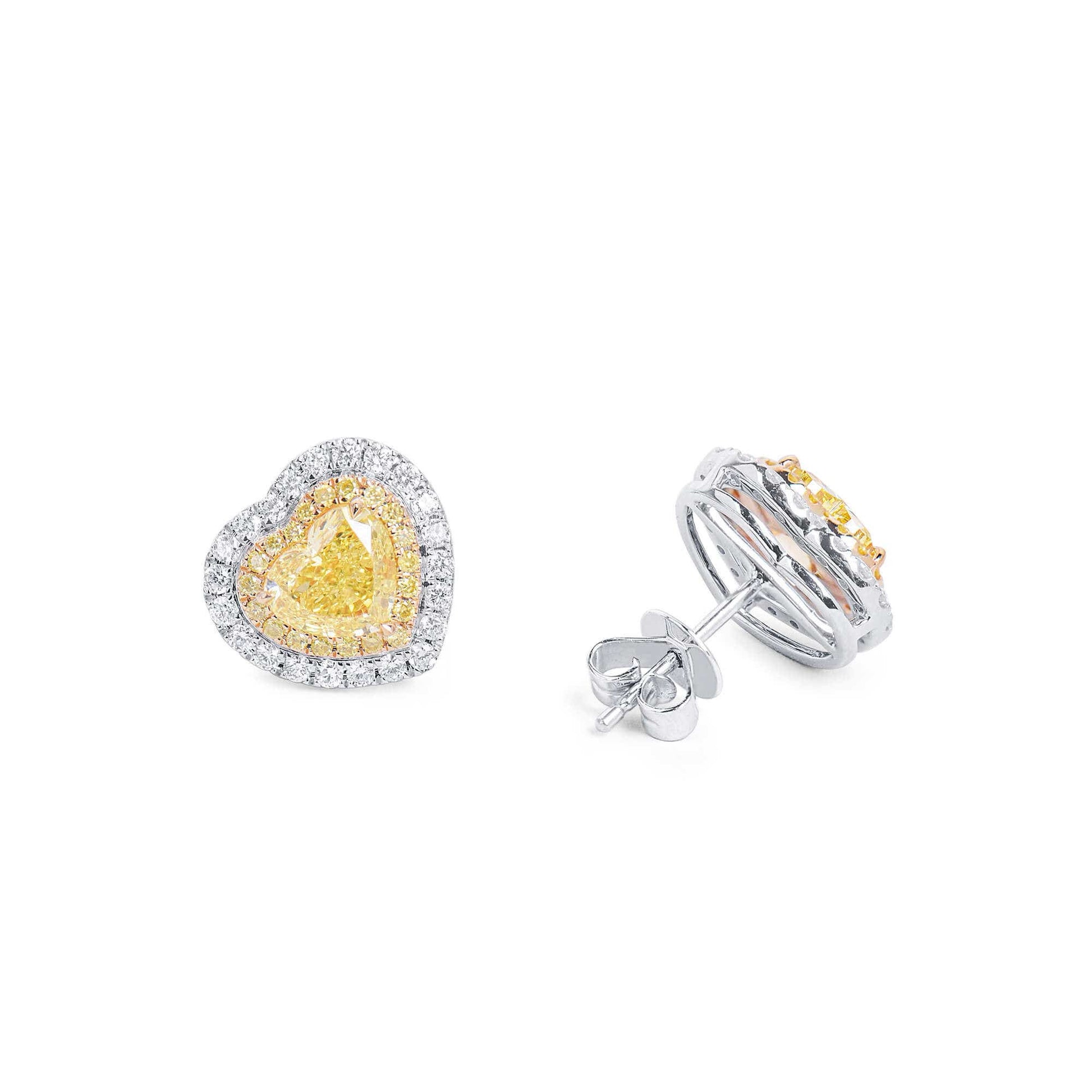 Natural Fancy Yellow & White Cluster Earrings, 18K White & Yellow Gold, Heart Shape, 2.60 Ct. TW