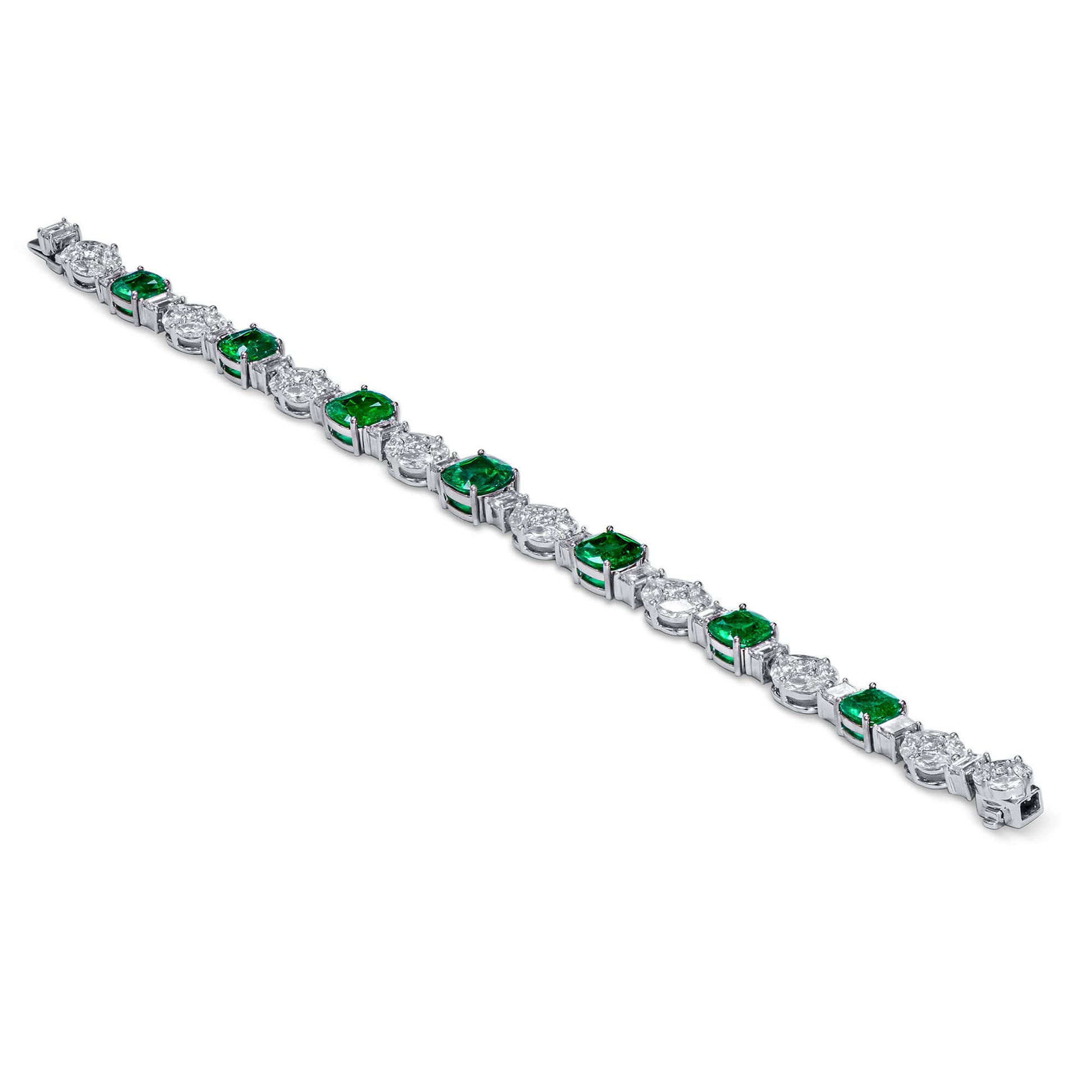 Natural Green Colombian Emerald and White Diamond Bracelet, 18K White Gold, 15.11 Ct. TW