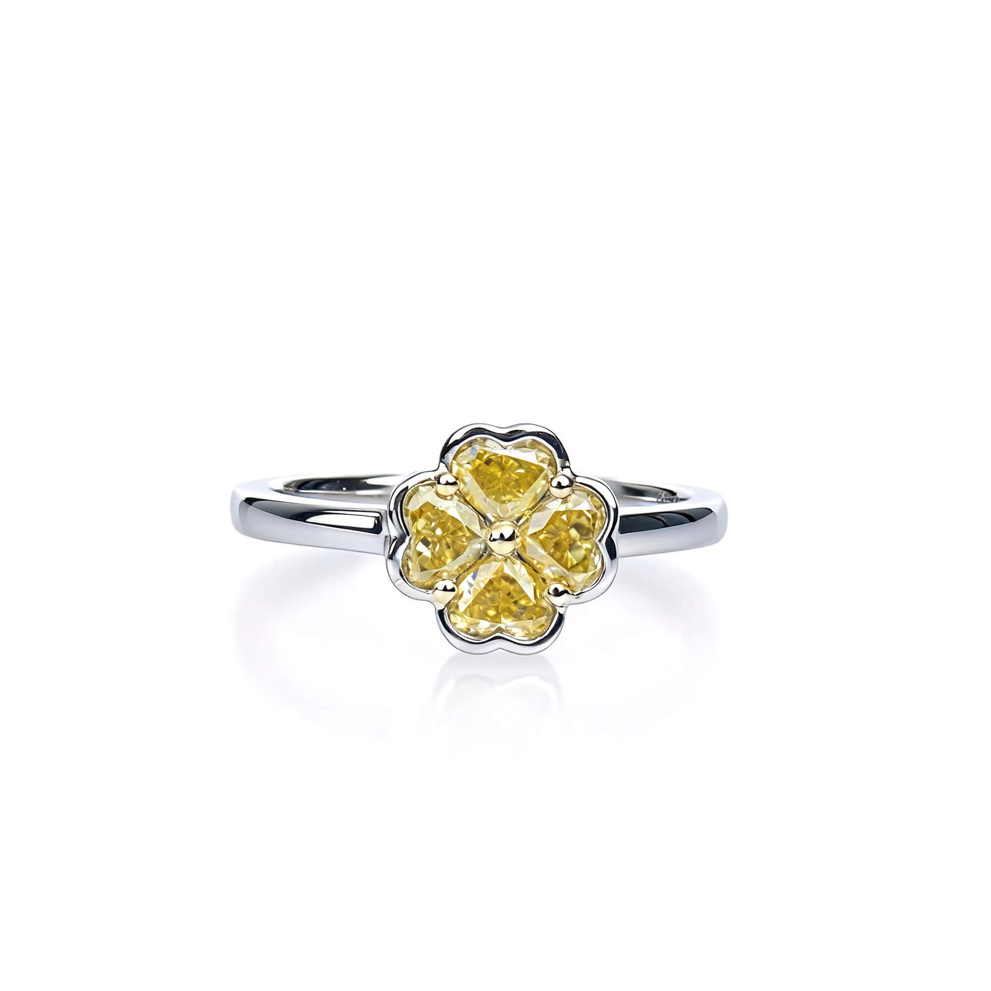 Natural 0.90 Ct. TW Fancy Intense Yellow Heart-Shaped Diamond Clover Ring, 14K White Gold