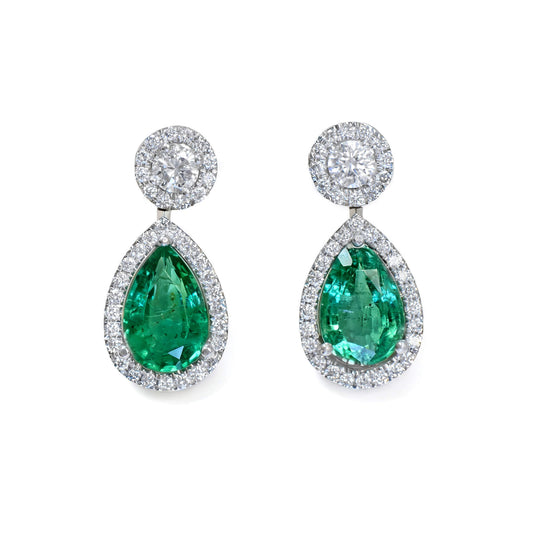 Natural 4.13 Ct. TW Pear-Cut Emerald & Diamond Drop Earrings, 18K White Gold