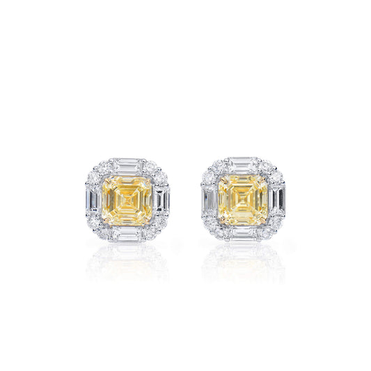 Natural 5.93 Ct. TW Yellow (O-P) Asscher-Cut Diamond Halo Earrings, 18K White Gold