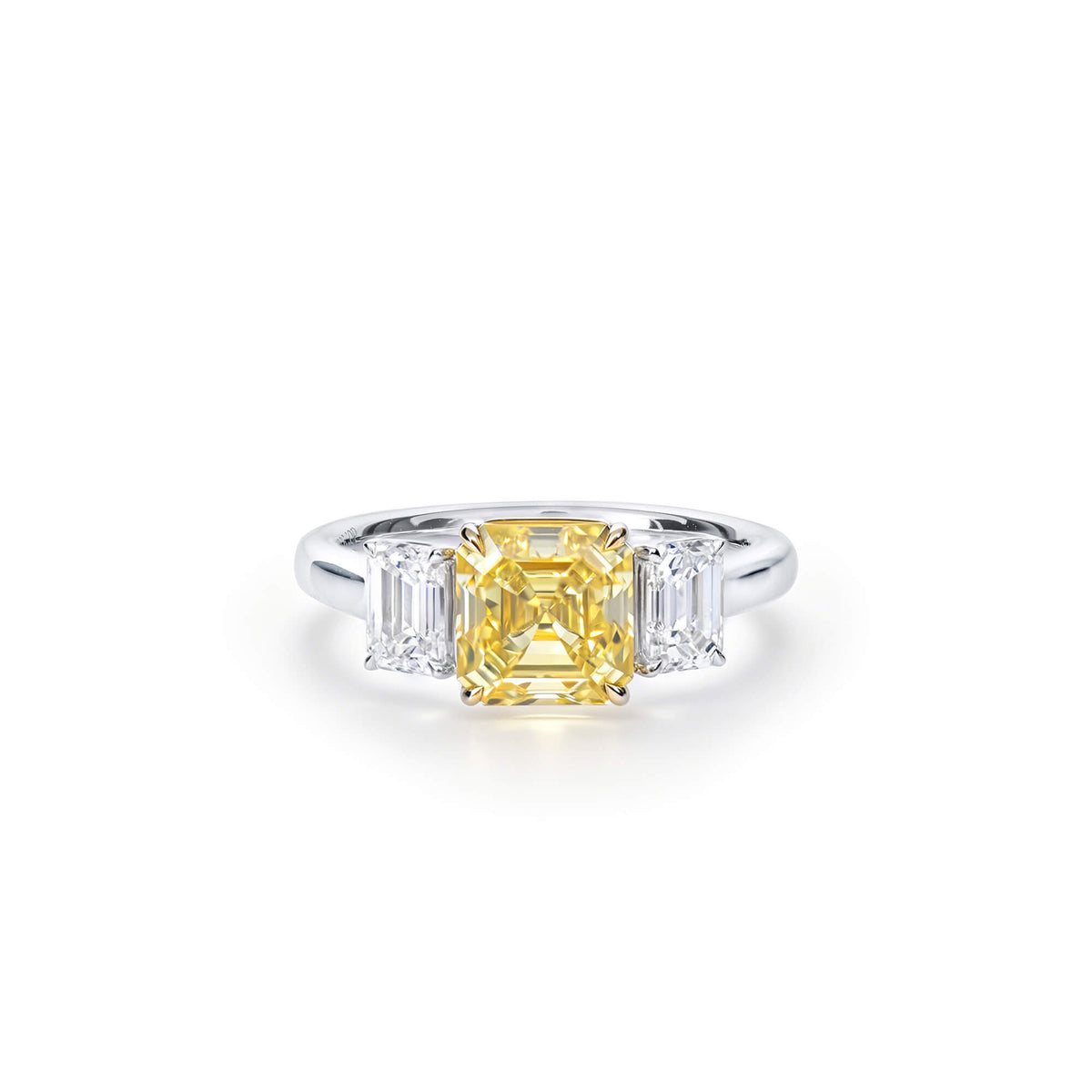 Natural 3.20 Ct. TW Yellow Asscher-Cut Diamond Three Stone Ring, 18K White & Yellow Gold