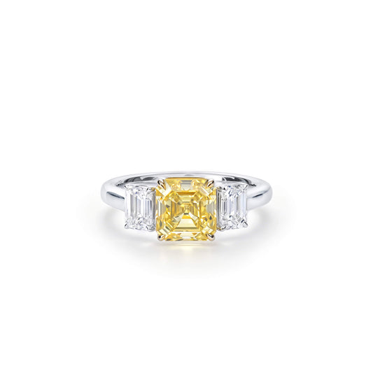 Natural 3.20 Ct. TW Yellow Asscher-Cut Diamond Three Stone Ring, 18K White & Yellow Gold