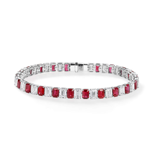 Natural 18.55 Ct. TW Emerald-Cut Ruby & Diamond Bracelet, 18K White Gold