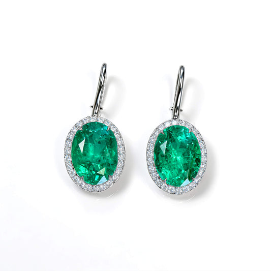 Natural 18.33 Ct. Oval-Cut Colombian Emerald & Diamond Drop Earrings, 18K White Gold