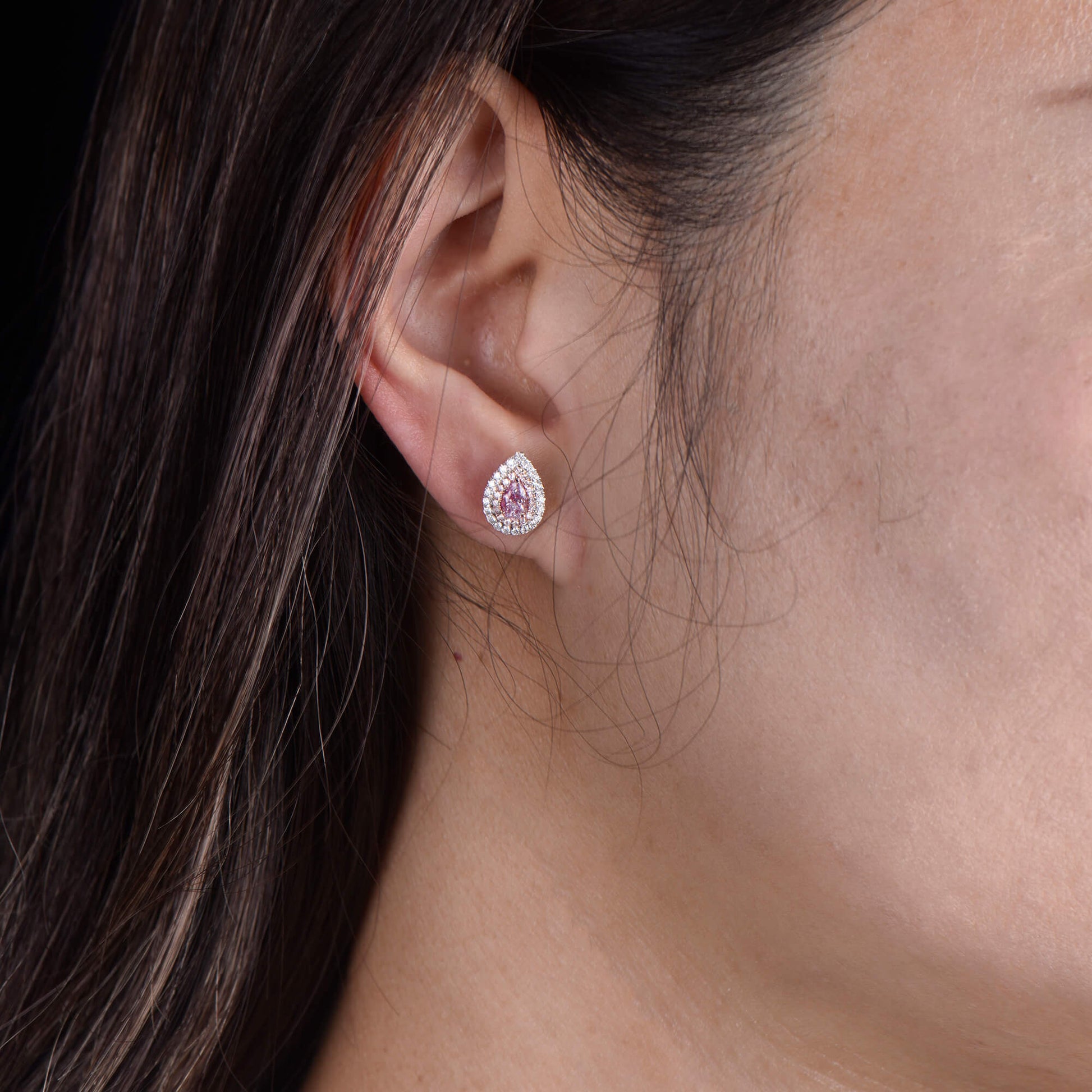 Natural Light Pink Diamond Stud Earrings, 18K White & Rose Gold, Pear Shape, 1.01 Ct. TW