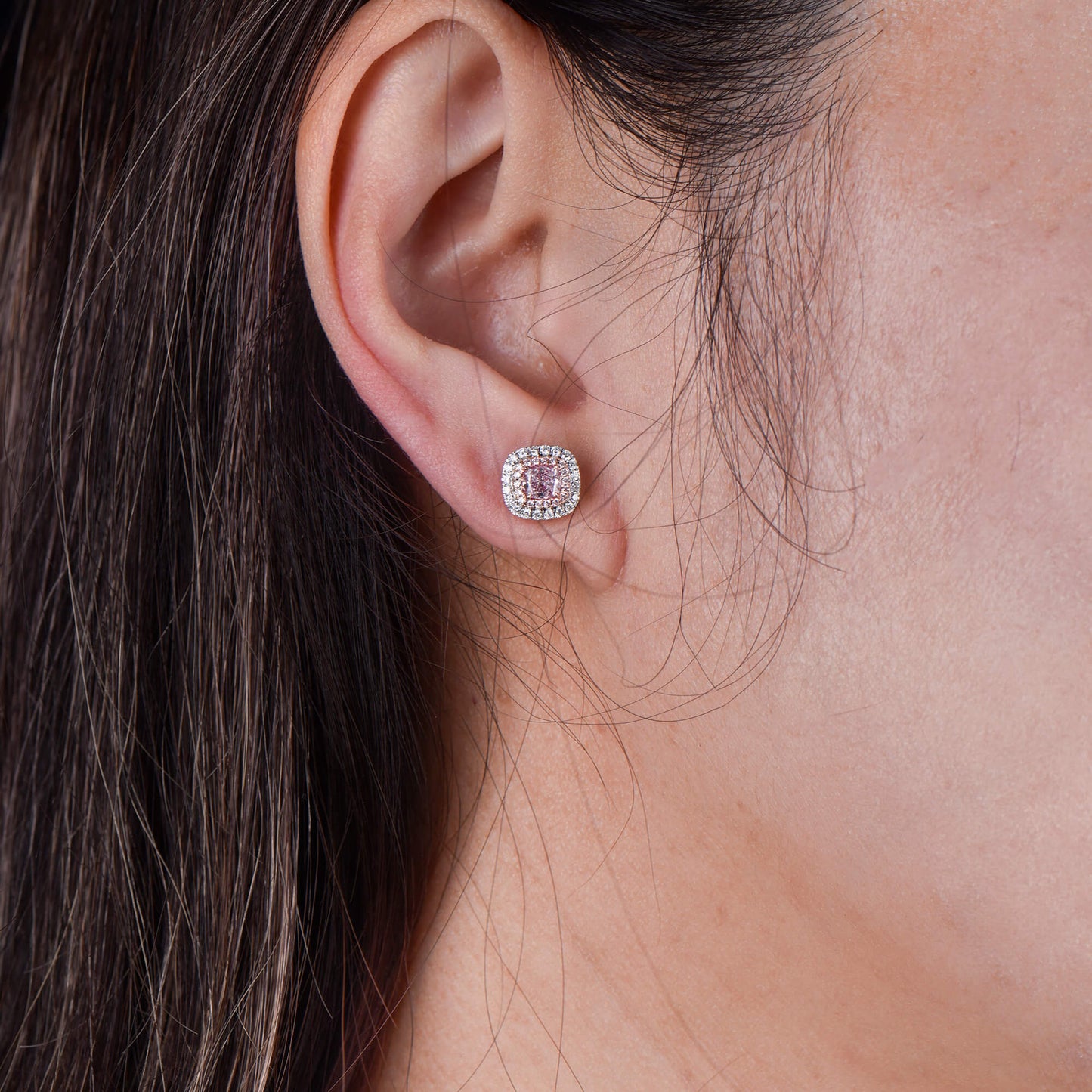 Natural Very Light Pink Diamond Stud Earrings, 18K White & Rose Gold, Cushion Shape, 0.99 Ct. TW