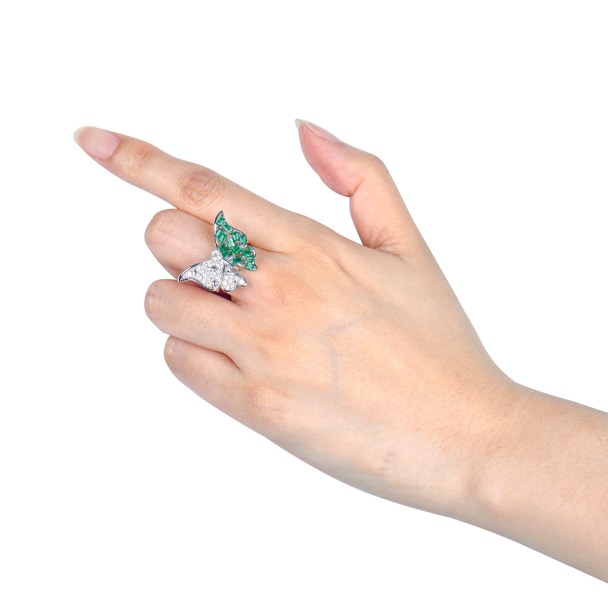 Natural Emerald And Diamond Butterfly Ring, 14K White Gold, 1.96 Ct. TW