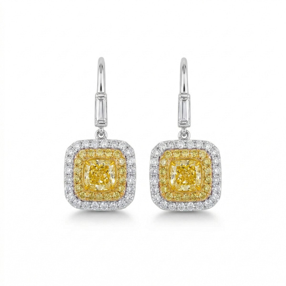 Natural Fancy Yellow & White Drop Earrings, 18K White Gold, Cushion Shape, 1.90 Ct. TW