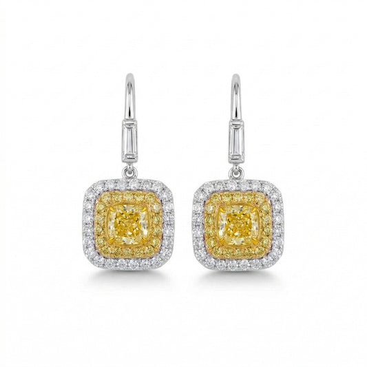 Natural Fancy Yellow & White Drop Earrings, 18K White Gold, Cushion Shape, 1.90 Ct. TW