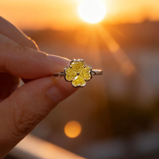 Natural 0.90 Ct. TW Fancy Intense Yellow Heart-Shaped Diamond Clover Ring, 14K White Gold