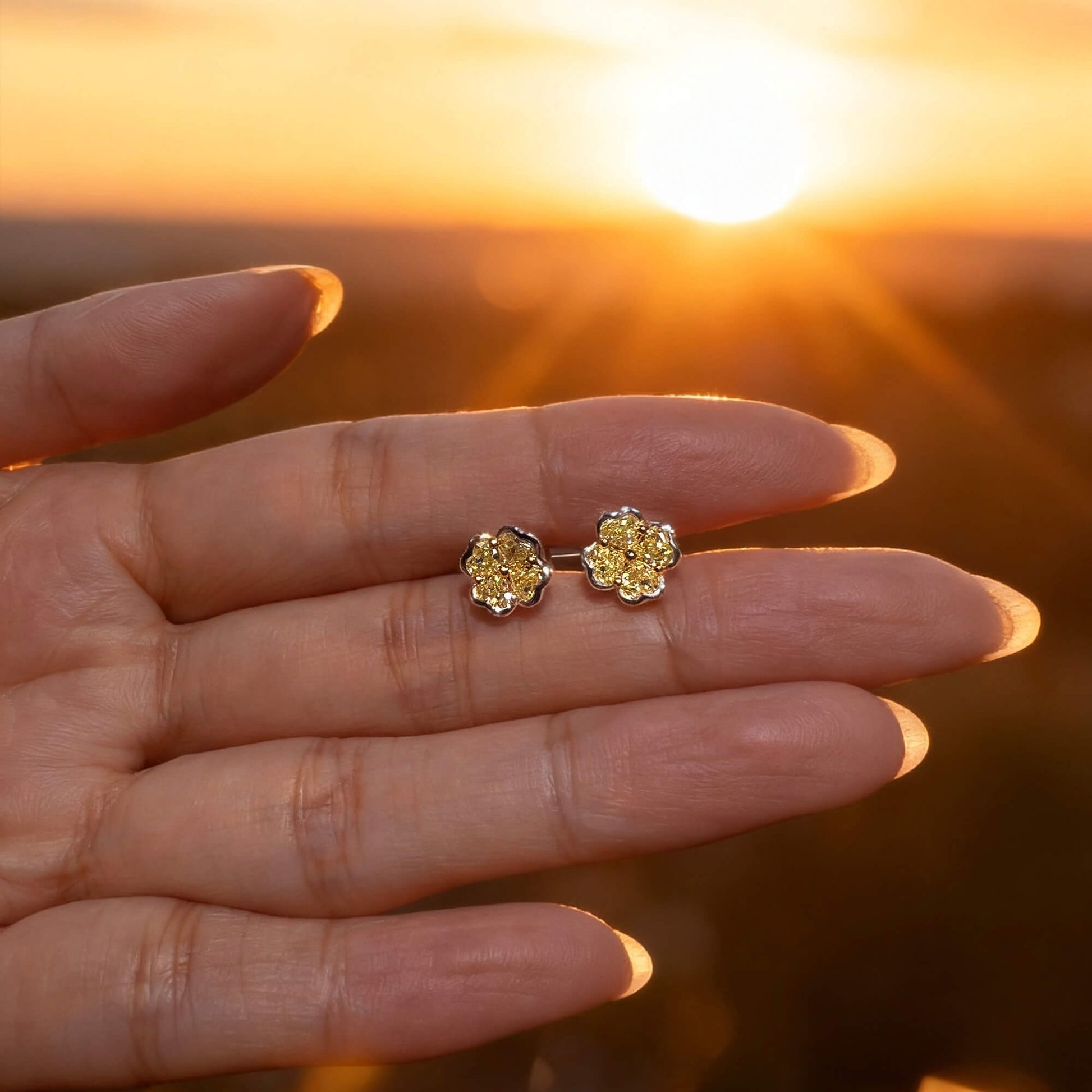 Natural 1.37 Ct. TW Fancy Intense Yellow Heart-Shaped Diamond Clover Stud Earrings, 14K White Gold