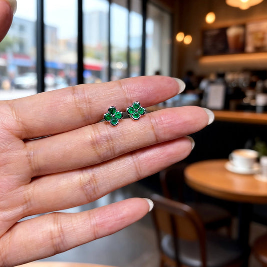 Natural 0.67 Ct. TW Emerald Clover Stud Earrings, 14K White Gold