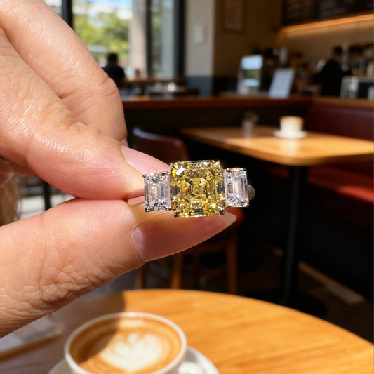 Natural 3.20 Ct. TW Yellow Asscher-Cut Diamond Three Stone Ring, 18K White & Yellow Gold