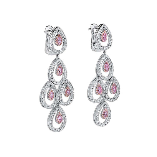 Natural Pink & White Diamond Chandelier Earrings, 18K White Gold, 2.90 Ct. TW