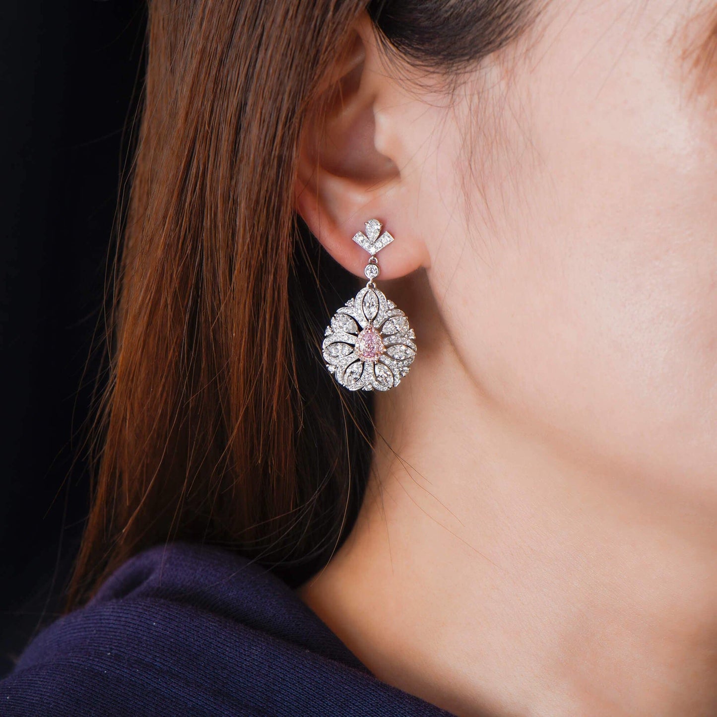 Natural Light Pink & White Diamond Drop Earrings, 18K White Gold, Pear Shape, 5.31 Ct. TW