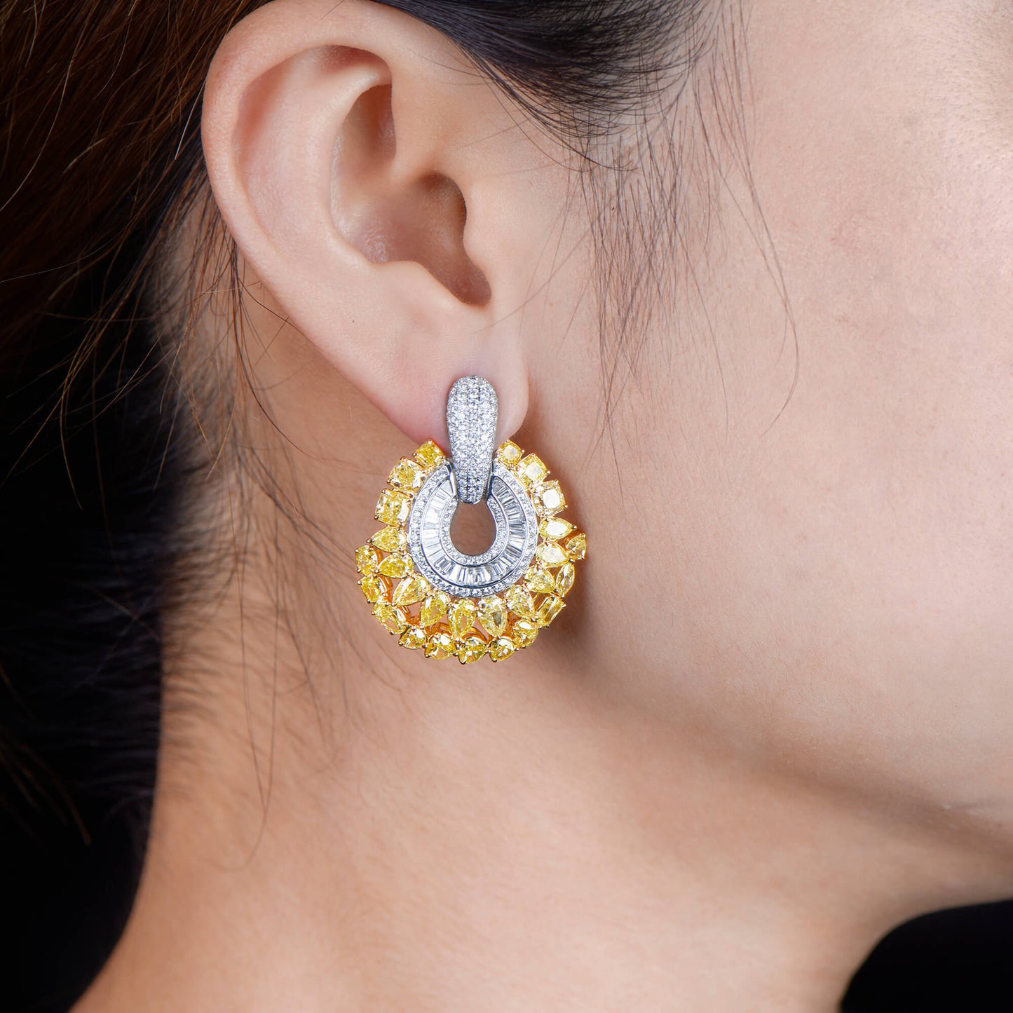 Natural Yellow & White Diamond Drop Earrings, 18K White & Yellow Gold, 15.50 Ct. TW