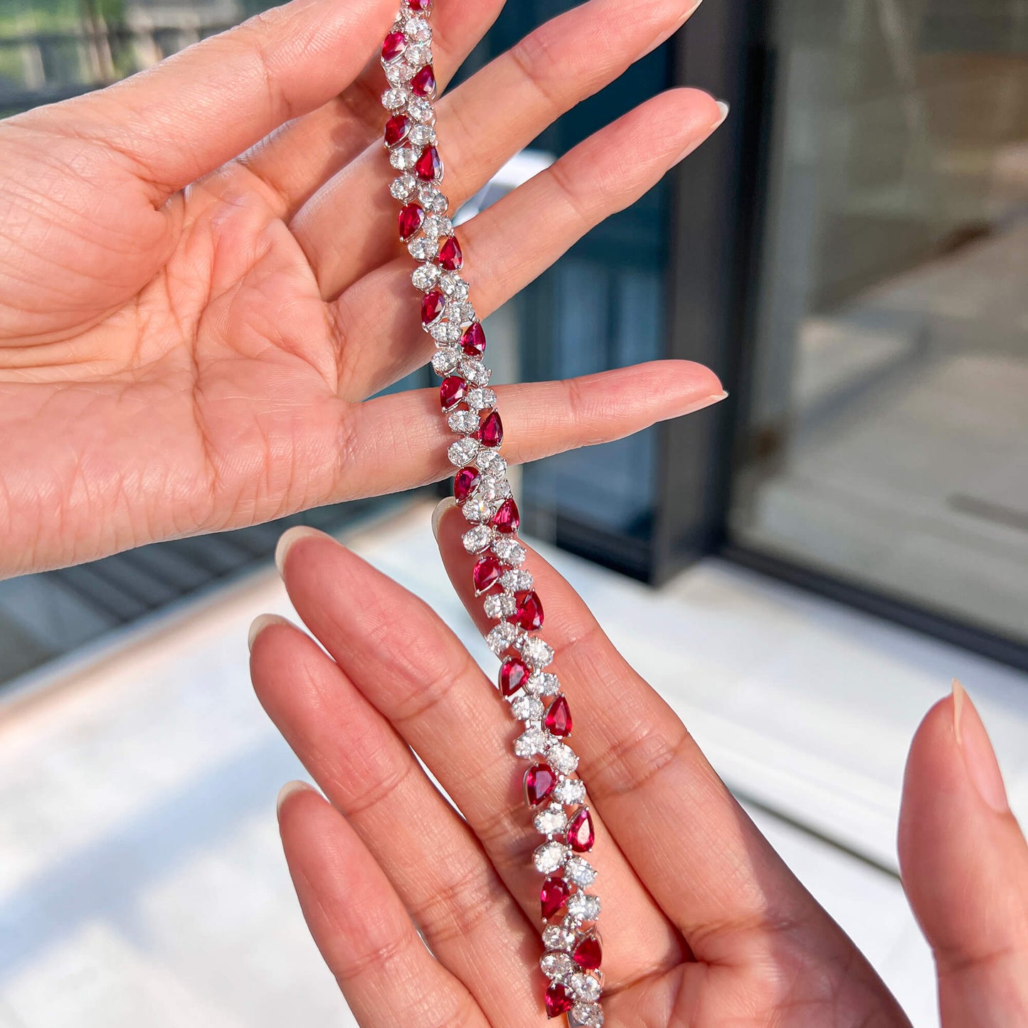 Natural Vivid Red Burmese Ruby and White Diamond Bracelet, 18K White Gold, Pear Shape, 19.57 Ct. TW, unheated