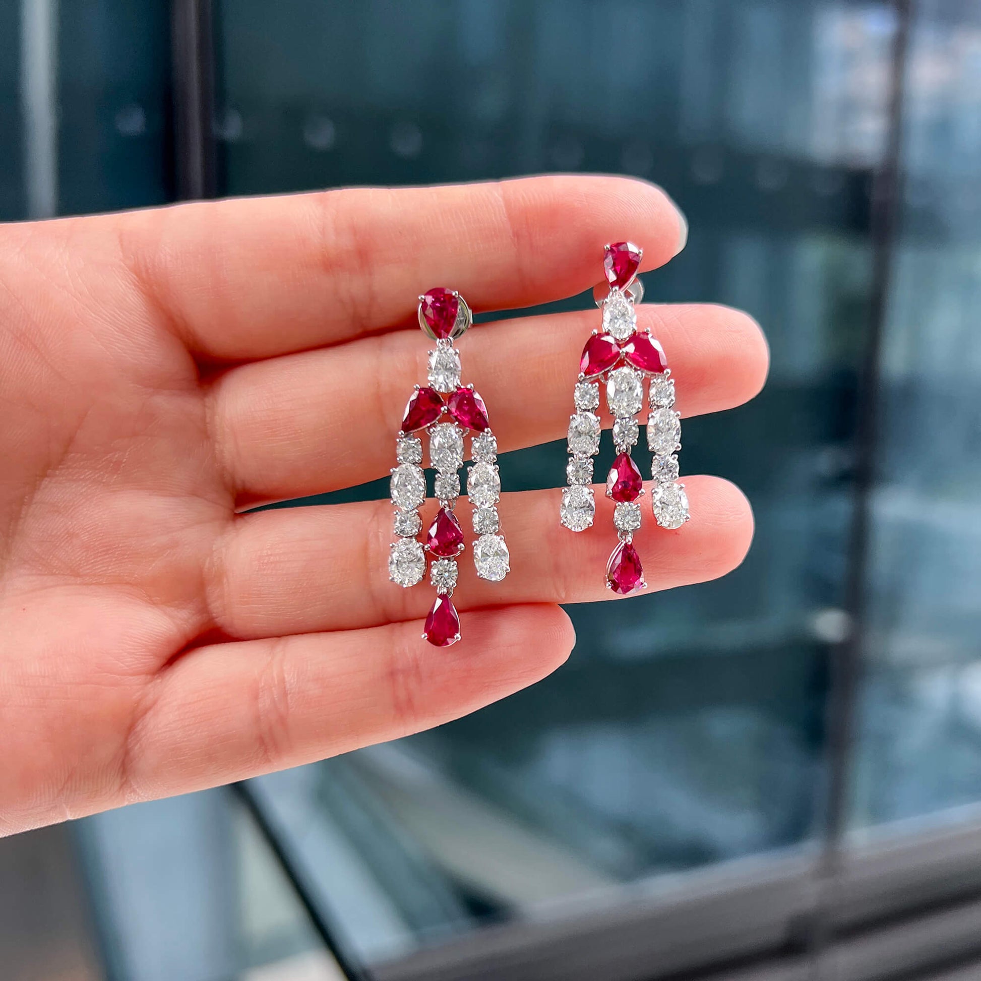 Natural Diamond and Vivid Red Ruby Chandelier Earrings, 18K White Gold, Pear Shape, 9.51 Ct. TW