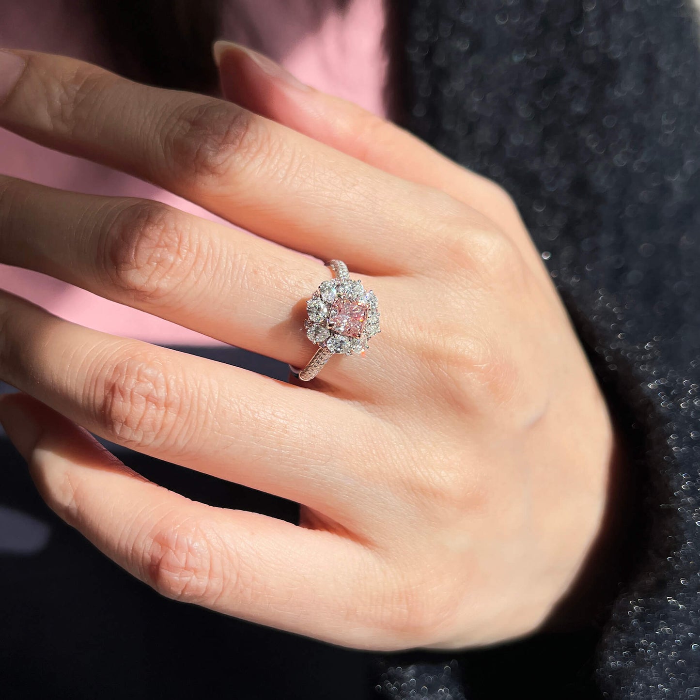 Natural Fancy Brownish Pink Diamond Halo Ring, 18K White Gold, Cushion Shape, 2.21 Ct. TW