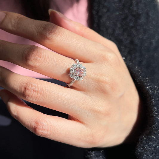 Natural Fancy Brownish Pink Diamond Halo Ring, 18K White Gold, Cushion Shape, 2.21 Ct. TW