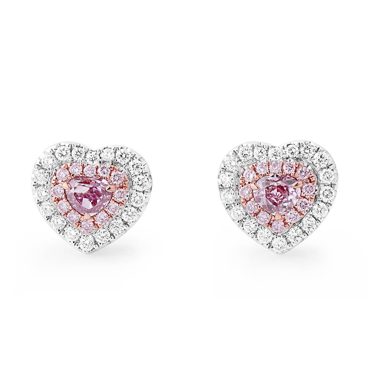 Natural Pink & White Diamond Stud Earrings, 18K White Gold, Heart Shape, 0.60 Ct. TW