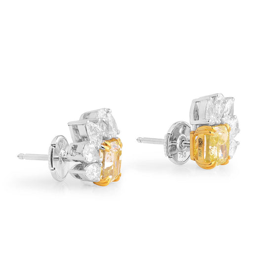 Natural Fancy Yellow & White Cluster Earrings, 18K White Gold, Cushion & Pear Shape, 2.80 Ct. TW