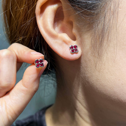 Natural 0.83 Ct. TW Ruby Clover Stud Earrings, 14K White Gold