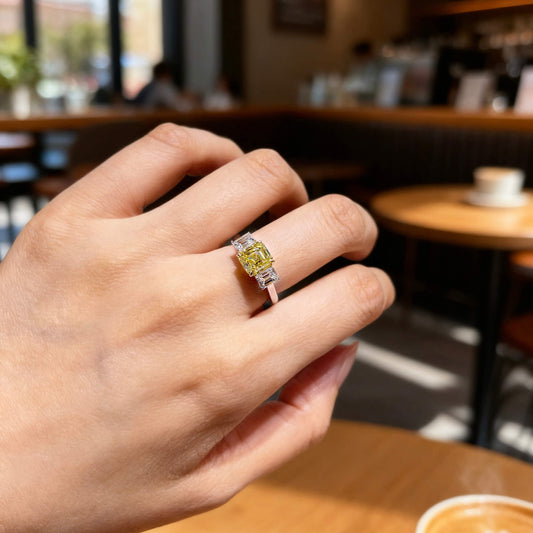 Natural 3.20 Ct. TW Yellow Asscher-Cut Diamond Three Stone Ring, 18K White & Yellow Gold