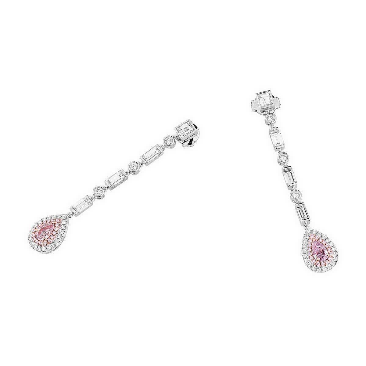 Natural Pink & White Diamond Drop Earrings, 18K White Gold, Pear Shape, 2.90 Ct. TW