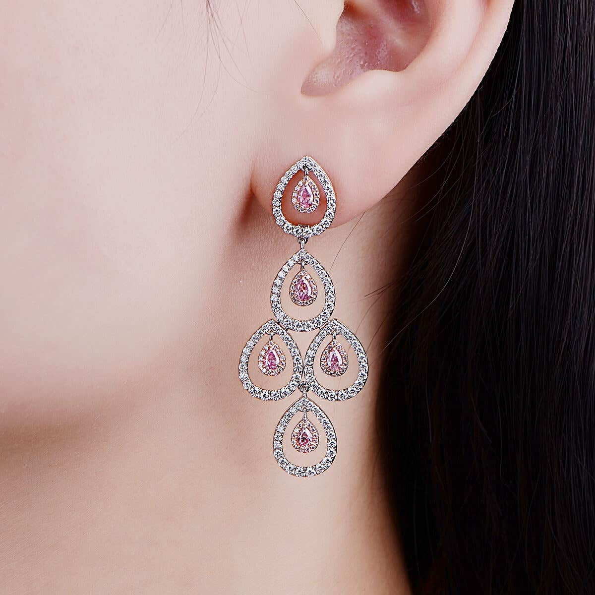 Natural Pink & White Diamond Chandelier Earrings, 18K White Gold, 2.90 Ct. TW