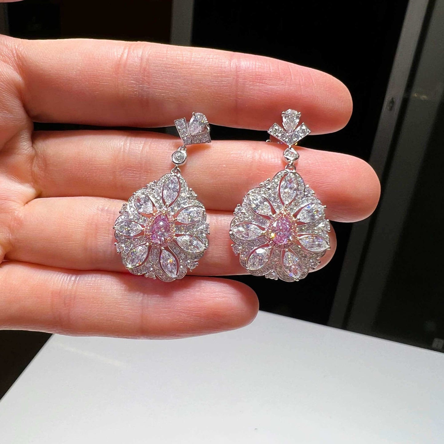 Natural Light Pink & White Diamond Drop Earrings, 18K White Gold, Pear Shape, 5.31 Ct. TW